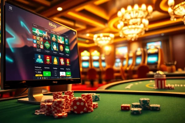 Rikvip online gambling scene with vibrant casino interface and poker elements.