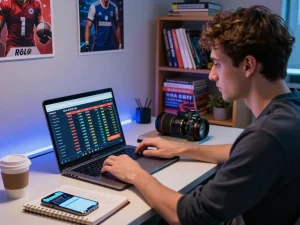 Person analyzing kèo nhà cái while betting online at home, showcasing strategic gameplay and focus on laptop