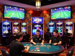 Exciting online gambling scene with players enjoying diverse games on trang af88 platform, vibrant visuals and festive atmosphere