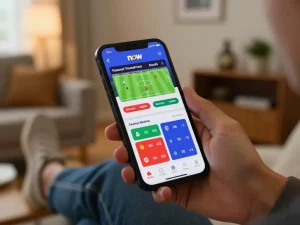 Engaging sports betting scene with Nowgoal app on smartphone for live betting adjustments.