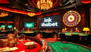 Exciting gaming session with "link thabet" displayed on a glowing screen in a luxurious casino scene.