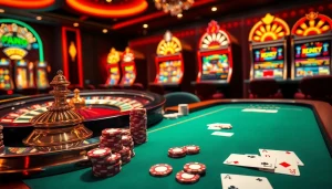 High-stakes poker game at bdtk66 my casino with vibrant chips and roulette.