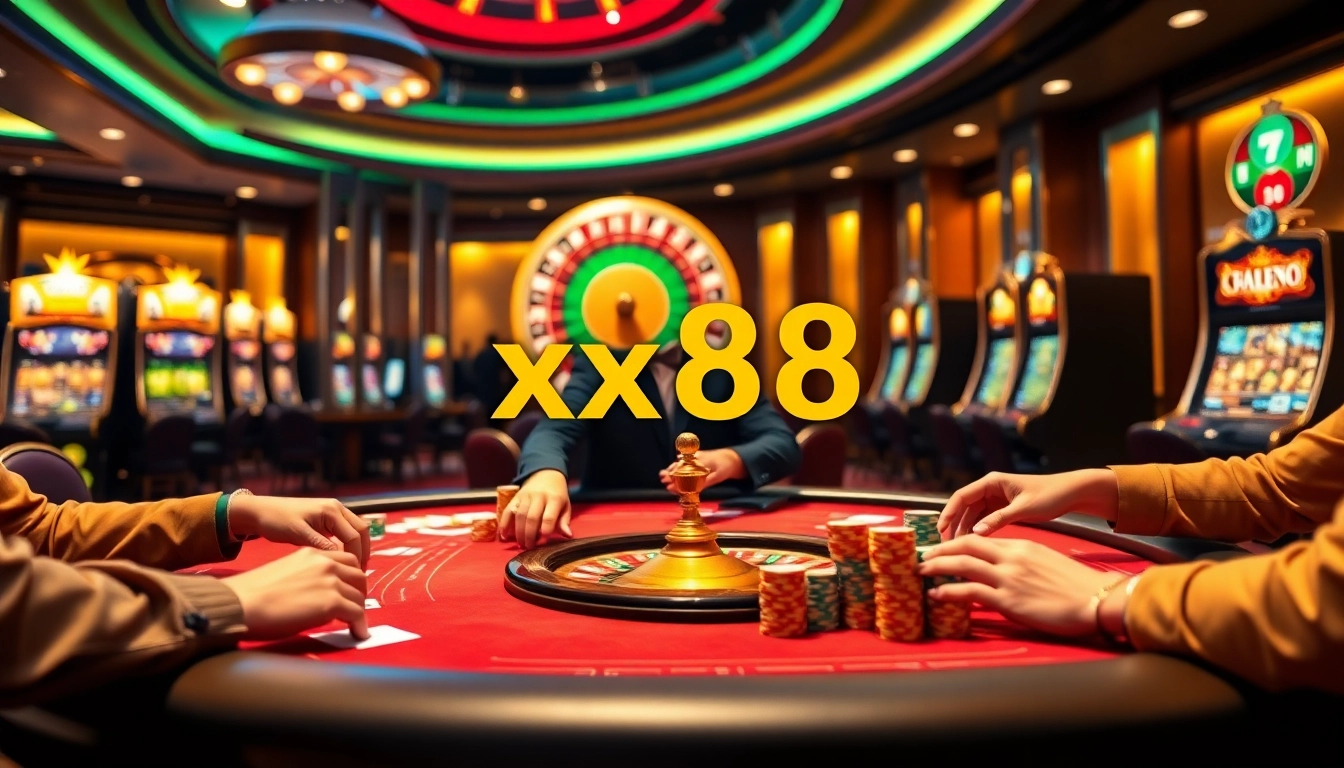 xx88 players enjoying an exciting game at a vibrant casino table with captivating elements.