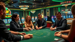 Malam poker yang mendebarkan di aman788 dengan pemain bertukar chip dan kartu di setting kasino yang elegan.