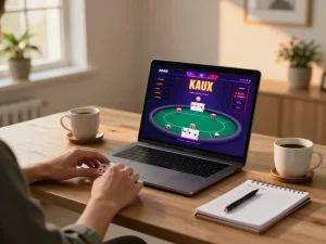 Engaging in gg88 uy tín online poker gameplay on a sleek laptop with strategic notes visible.