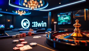 Exciting gambling scene at 13win casino with poker chips and cards on a roulette table.