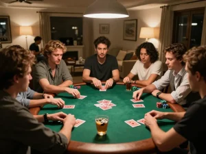 Players enjoying a lively poker night at home, showcasing GEM WIN excitement and social interaction.