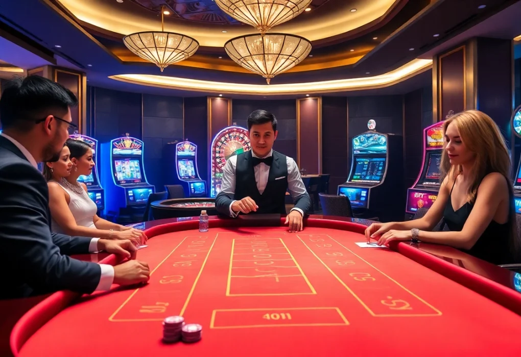 Players engaging at a baccarat table and other games on https://bem88.com, showcasing high-stakes excitement.