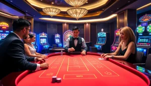 Players engaging at a baccarat table and other games on https://bem88.com, showcasing high-stakes excitement.
