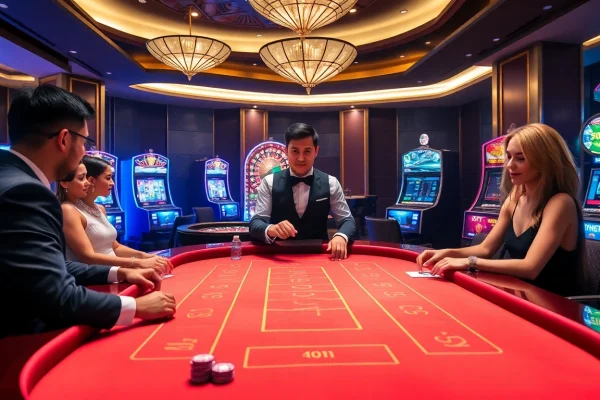 Players engaging at a baccarat table and other games on https://bem88.com, showcasing high-stakes excitement.
