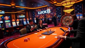 LUCK8 players engaging at a high-stakes poker table in a luxurious casino atmosphere.