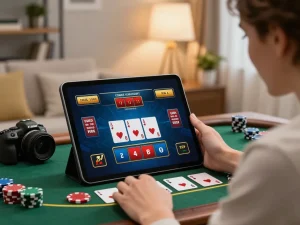 Player engaging in live dealer blackjack on kp88vip tablet at home, showcasing excitement
