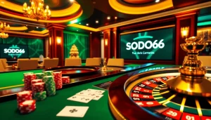 SODO66 enhances excitement at a lavish gambling table with poker chips and roulette.