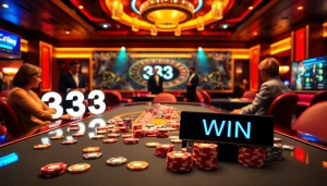 Experience the thrill of 33WIN at an upscale poker table with colorful chips and a spinning roulette wheel.