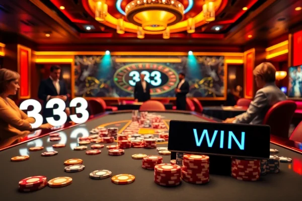 Experience the thrill of 33WIN at an upscale poker table with colorful chips and a spinning roulette wheel.