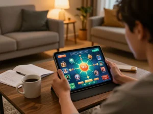 Tài xỉu online gaming on a tablet in a cozy home setting, showcasing strategic betting.
