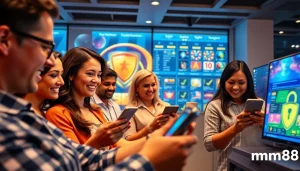 Online gambling experience at mm88 platform, showcasing diverse players and secure interfaces.