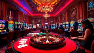 A thrilling casino scene at dh88.com featuring excited players at a poker table and a spinning roulette wheel.