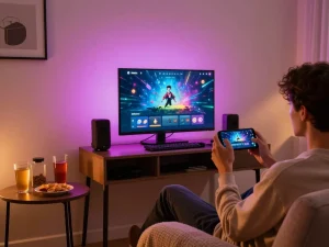 Engage with app 98win on mobile device in cozy home gaming atmosphere with snacks nearby.