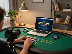 Engaging in B52CLUB poker while strategizing with colorful chips at a modern home office setup