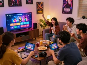 Friends enjoying a fun gaming night with link tải tài xỉu sunwin on display, vibrant living room atmosphere.