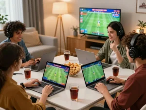 Engaged friends enjoying the thrill of trang 88aa sports betting in a lively home setting.