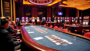 Exciting gambling scene at MK8, featuring roulette tables, poker chips, and slot machines.