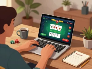Engaging poker gameplay at b52club online casino, featuring a cozy home setup with a laptop and strategic notes.