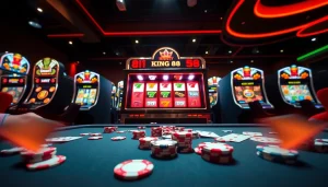 Experience the excitement of king88 with vibrant casino gaming elements, showcasing slot machines, poker chips, and an inviting atmosphere.