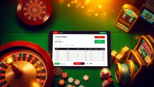Experience Taruhan Bola excitement with a sportsbook display surrounded by casino elements.