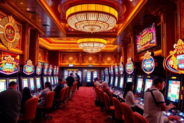 Exciting slot88 gaming scene with vibrant machines and engaged players in a luxury casino.