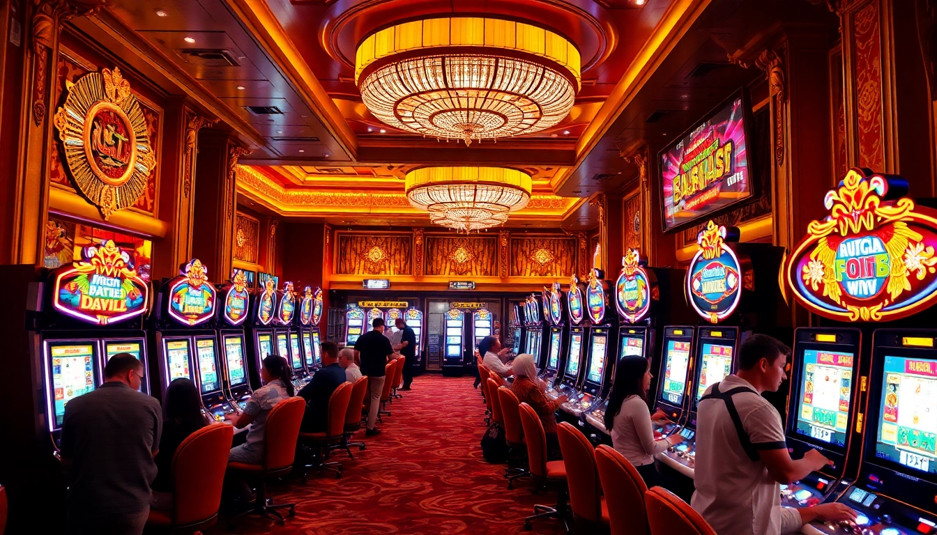 Exciting slot88 gaming scene with vibrant machines and engaged players in a luxury casino.