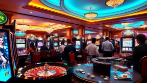 Pemain menikmati mesin slot gacor di suasana kasino mewah.