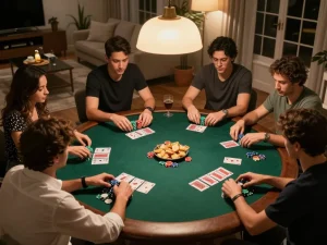 Pemain menikmati permainan poker di rumah, menampilkan pengalaman perjudian sosial aman788 dengan semangat.