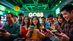 Tải GO88 - Engaging gaming scene with players enjoying mobile games in a vibrant environment.