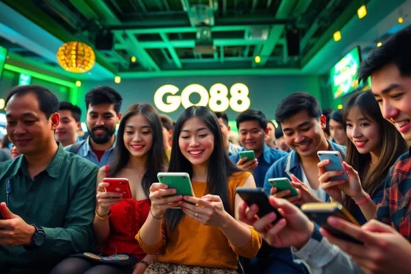 Tải GO88 - Engaging gaming scene with players enjoying mobile games in a vibrant environment.