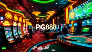 PG88 players enjoying thrilling games at a vibrant casino with slot machines and roulette tables.