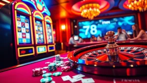 Players engaging with exciting games at 78WIN casino, showcasing slot machines and poker chips.