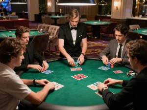 Exciting VIP poker game in a high-end casino highlighting strategies for success at https://kjc.events/ with players and dealer engaged deeply.