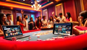 TT88 casino players engaging at a vibrant poker table, showcasing excitement and luxury.