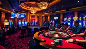 KONG88 captures dynamic casino excitement with poker tables and a spinning roulette wheel.