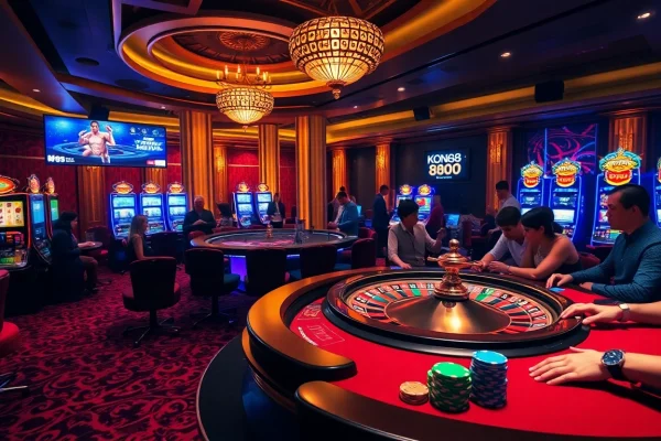 KONG88 captures dynamic casino excitement with poker tables and a spinning roulette wheel.