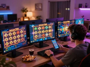 A player enjoying aman788 slots on multiple screens with colorful graphics and a cozy home setup.