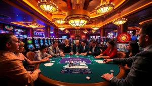Players enjoying a high-stakes game at SODO66, featuring vibrant poker tables and slot machines.