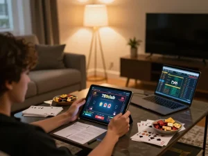 Engaged player using 789club online poker interface on tablet in a cozy living room.