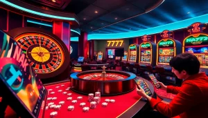 Experience the thrill of gambling with NA777's live casino interface featuring poker chips and a roulette wheel.
