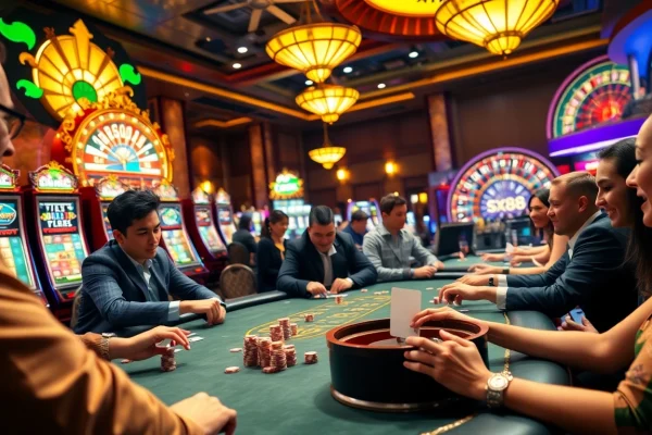 Exciting poker game at a luxurious casino, featuring sx88.com betting fun.