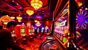 Pemain yang terlibat di mesin slot gacor, dikelilingi oleh elemen kasino yang berwarna-warni dan kegembiraan.