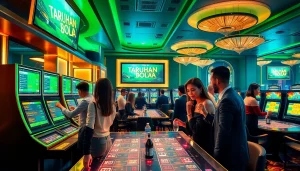 Excited bettors engaged in Taruhan Bola activities in a luxurious casino setting, showcasing betting excitement and interaction.