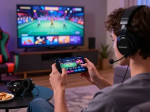 Engaging user on NK88 app in cozy living room for tải app nk88 experience.